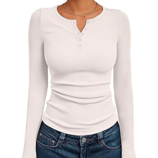 Damen Figurbetontes Langarmshirt mit Knopfleiste und Rippstruktur Drune