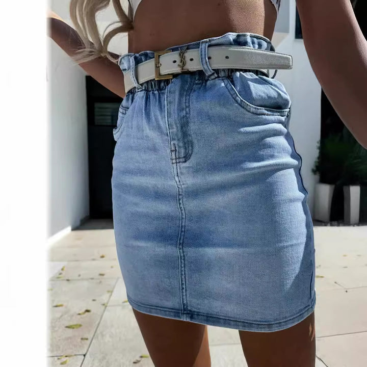 Damen Denim-Rock mit hohem Bund und modischem Gürtel Drune