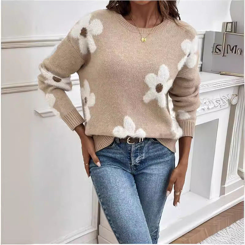 Damen Strickpullover mit floralem Design und modernem V-Ausschnitt Drune