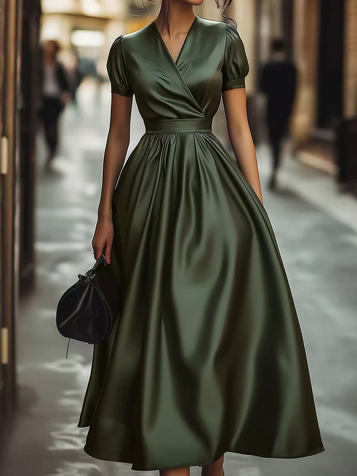 Damen Elegantes Maxikleid mit Wickeloptik und Puffärmeln Drune