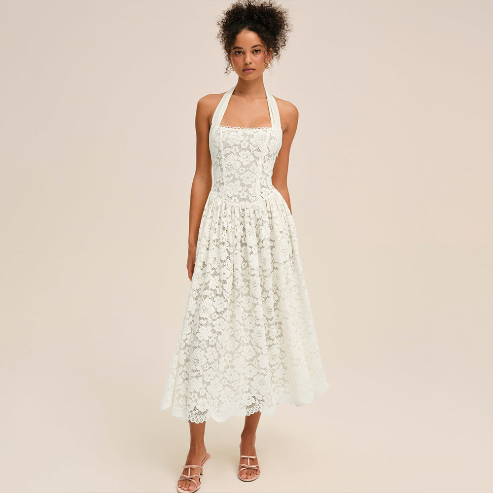 Damen Elegant Spitzenkleid mit geflochtenem Träger Drune