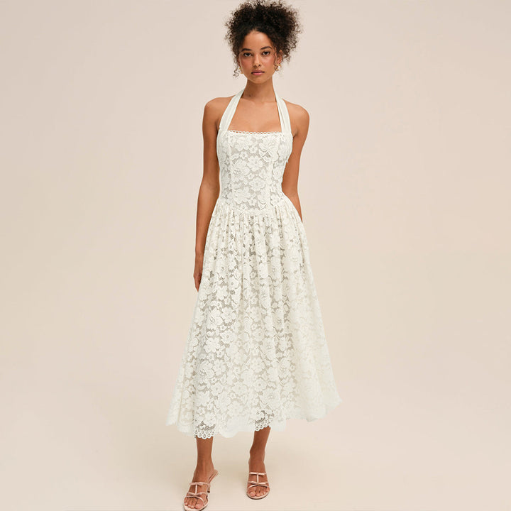 Damen Elegant Spitzenkleid mit geflochtenem Träger Drune