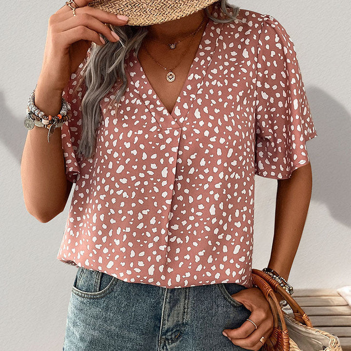 Damen V-Ausschnitt T-Shirt mit Leopardenmuster und fließendem Schnitt Drune