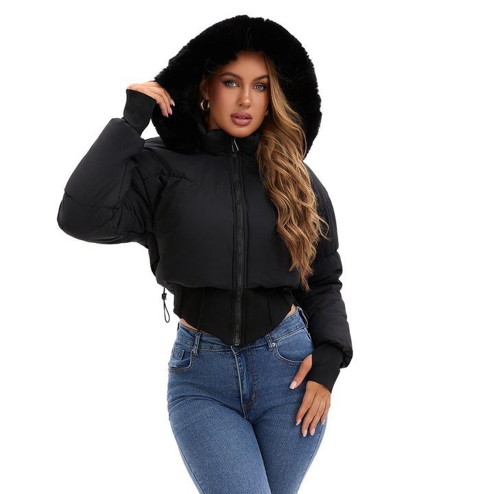Damen cropped Daunenjacke mit abnehmbarer Kapuze und Kunstfellbesatz Drune