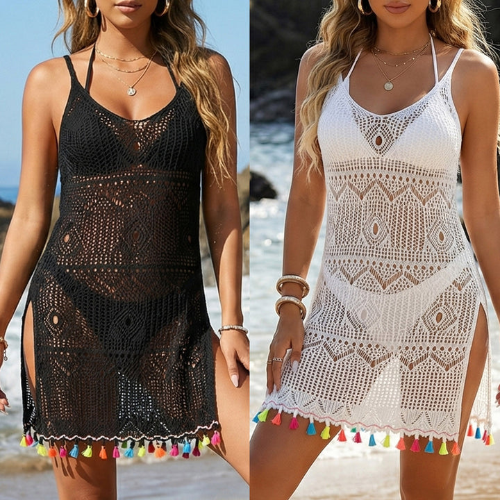 Damen Häkel-Strandkleid mit bunten Quasten Drune