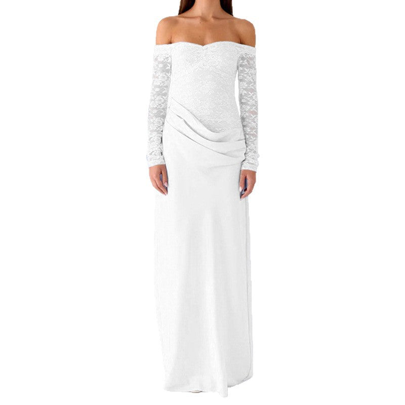 Damen Elegantes Hochzeitskleid mit schulterfreiem Ausschnitt und Spitzenärmeln Drune