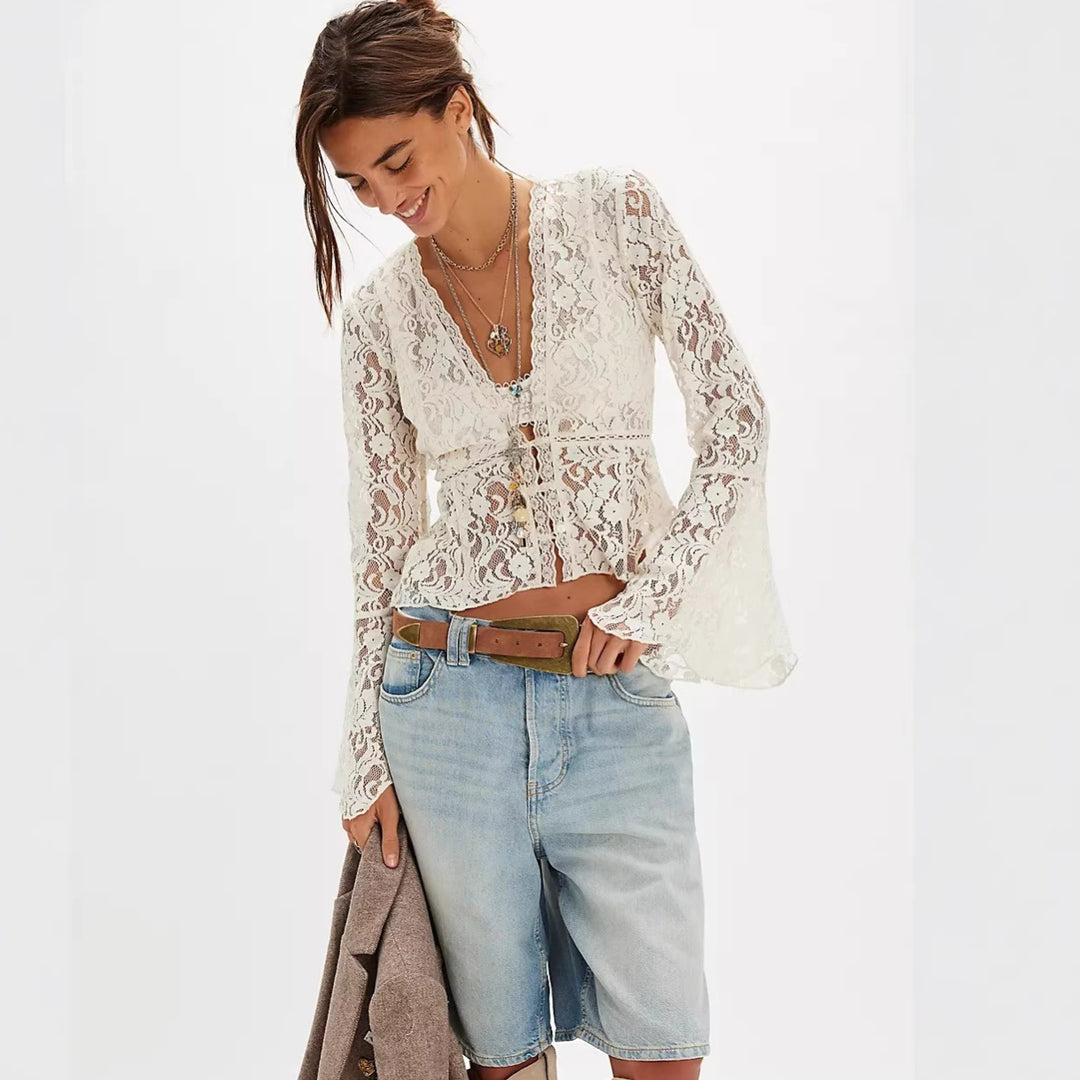 Damen Spitzenbluse im romantischen Design mit weitem Arm Drune