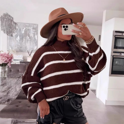 Damen lockerer Strickpullover mit modischem Streifenmuster und hohem Kragen Drune
