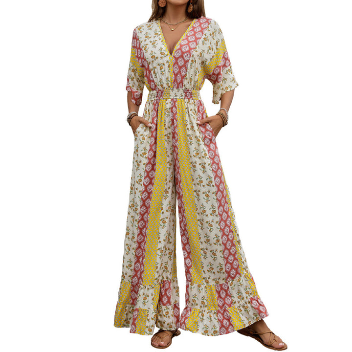 Damen lässiger Jumpsuit mit floralem Muster und weiten Beinen Drune