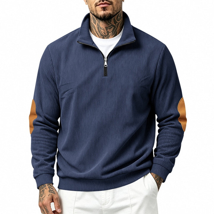 Herren nan Halbzip-Sweatshirt mit Stehkragen, feiner Waffelstruktur und Lederoptik-Ellenbogenpatchs Drune