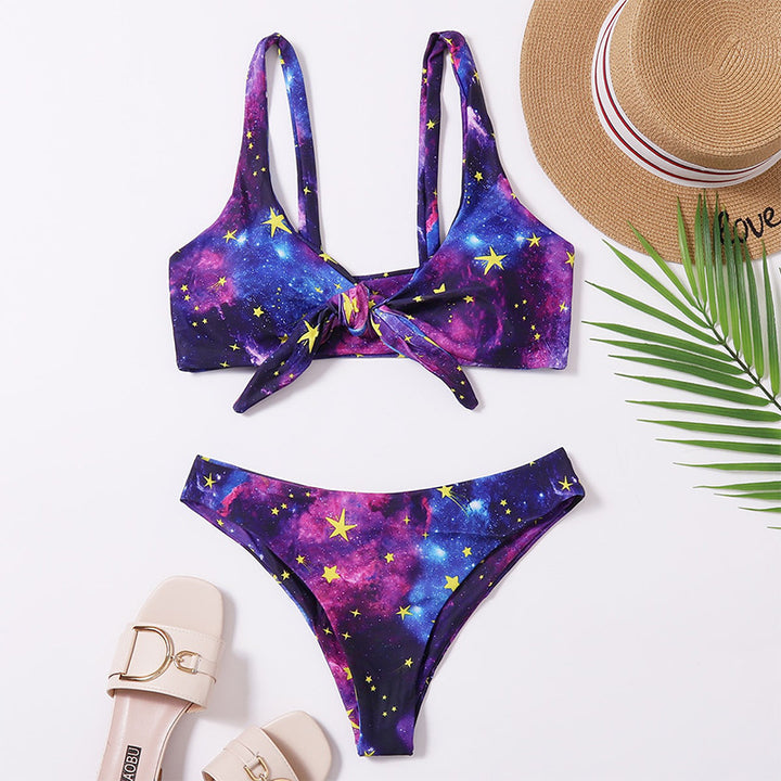 Damen Triangel-Bikini mit buntem Galaxienmuster und verspieltem Knoten Drune