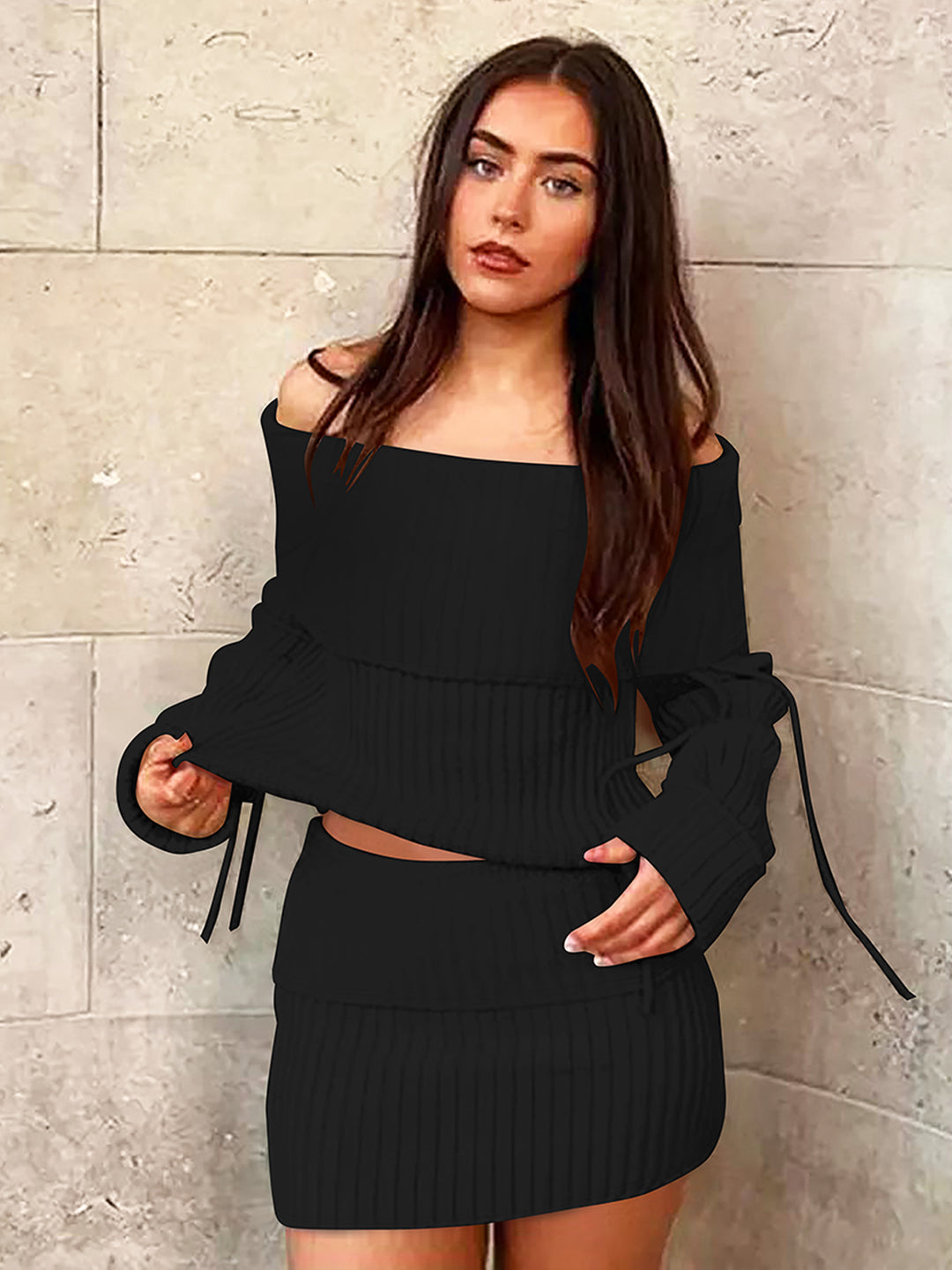 Damen Off-Shoulder Strick-Set mit modischen Details Drune