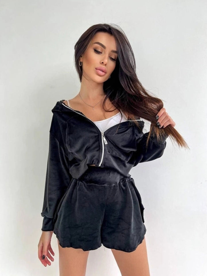 Damen sportliches Cropped Hoodie und Shorts-Set Drune
