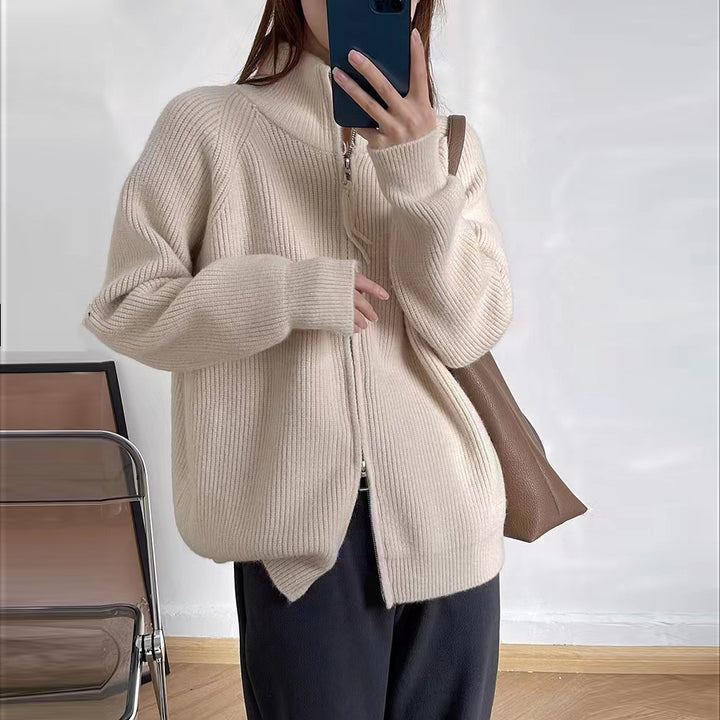 Damen Strickjacke mit hoher Kragenverzierung und Reißverschluss Drune