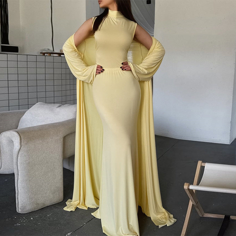 Damen elegantes Maxikleid mit weitem Cape und langen Ärmeln Drune