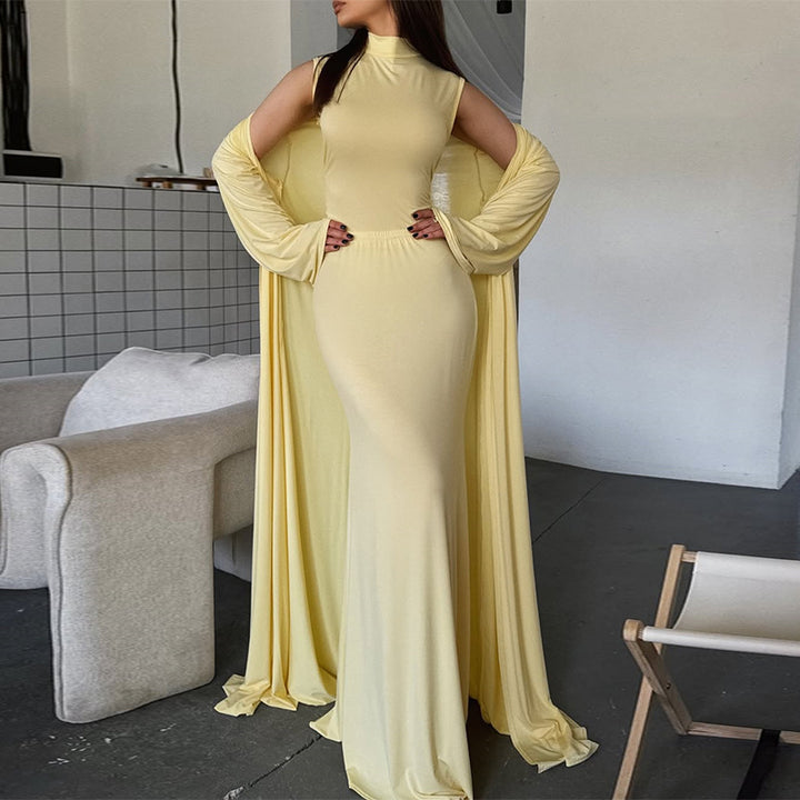 Damen elegantes Maxikleid mit weitem Cape und langen Ärmeln Drune