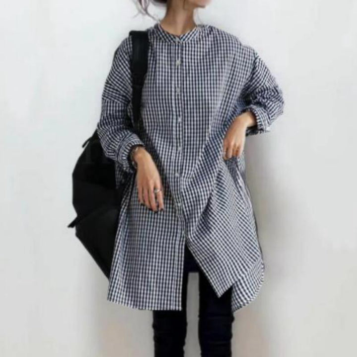 Damen Karobluse mit asymmetrischem Schnitt und modernen Details Drune