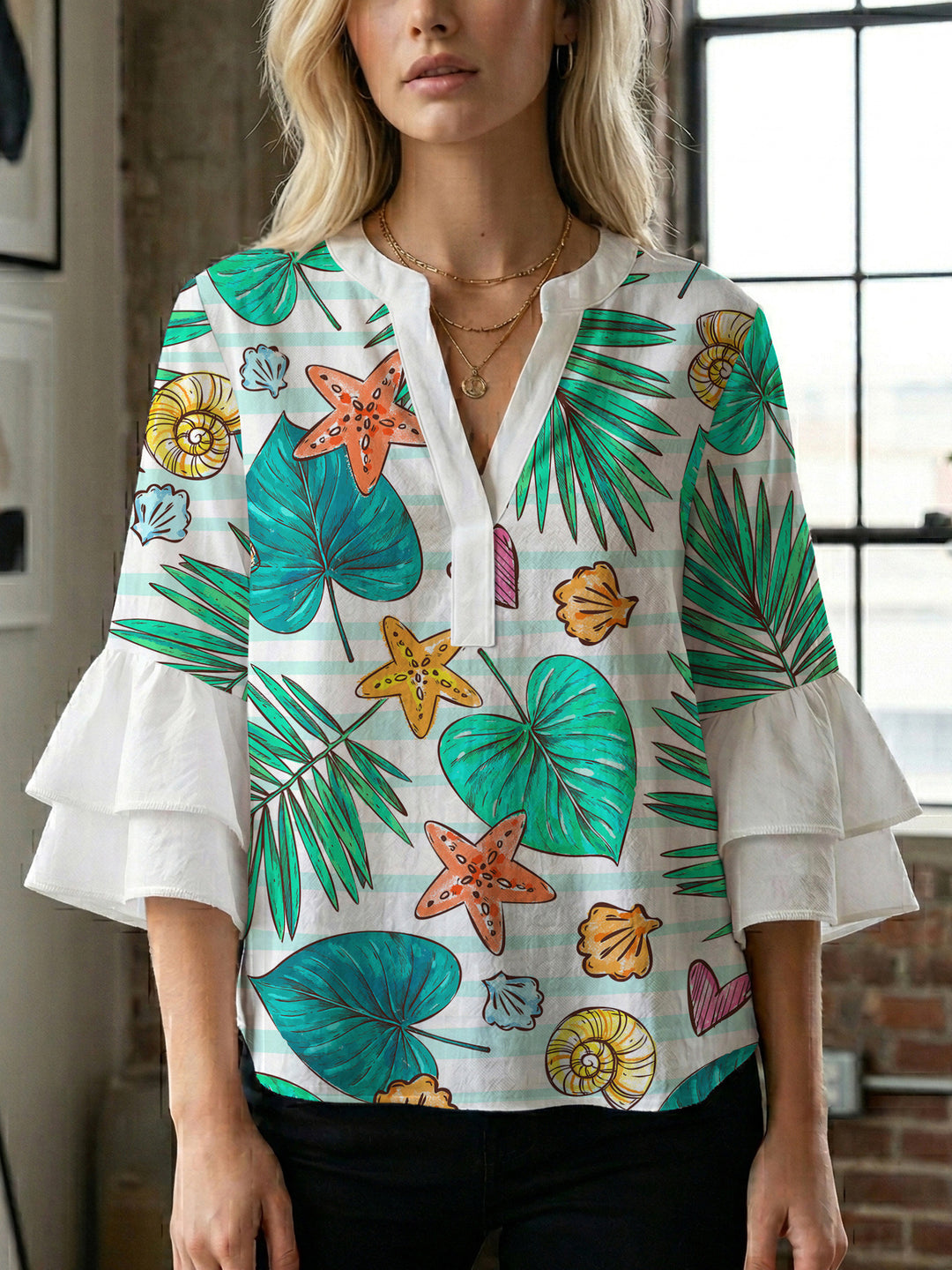 Damen Bluse mit voluminösen Rüschenärmeln und modernem Motiv Drune