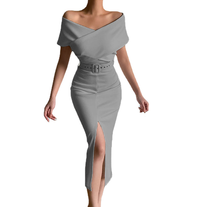 Damen Off-Shoulder Maxikleid mit Taillengürtel und seitlichem Schlitz Drune