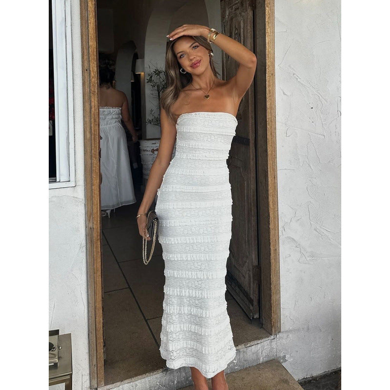 Damen Sommerliches Rüschenkleid mit tailliertem Schnitt und schmalen Trägern Drune
