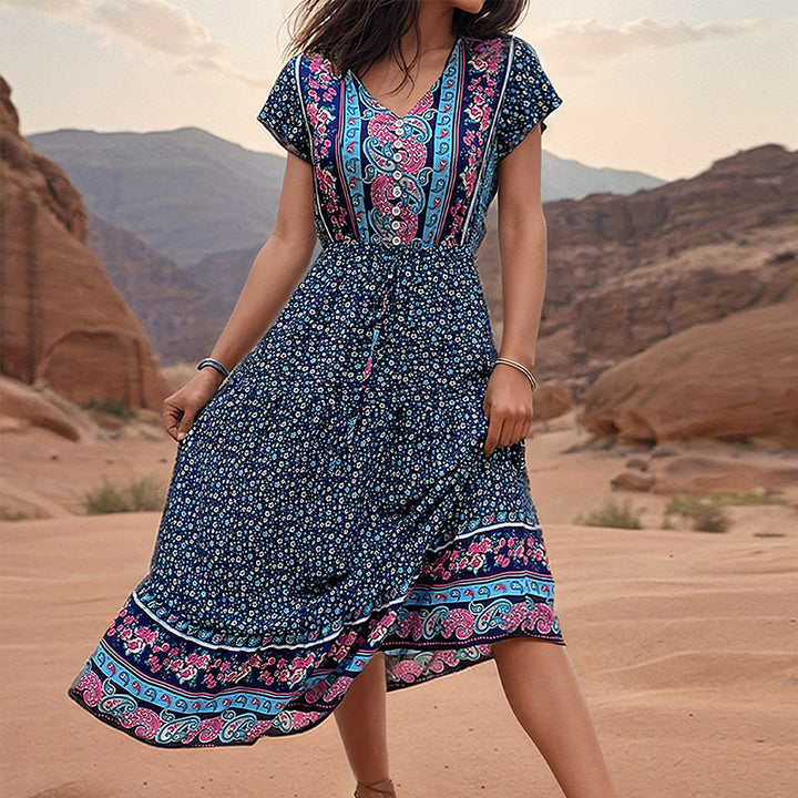 Damen Maxi-Kleid mit floralen Details und elastischem Taillenzug Drune