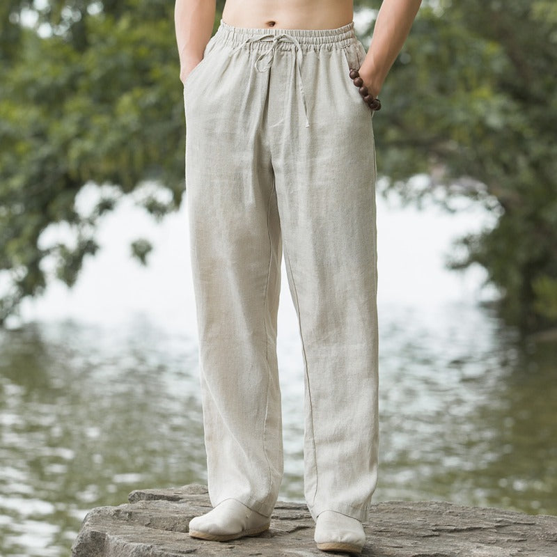 Herren nan leichte Leinenhose mit elastischem Bund weites Bein und seitlichen Eingrifftaschen Drune