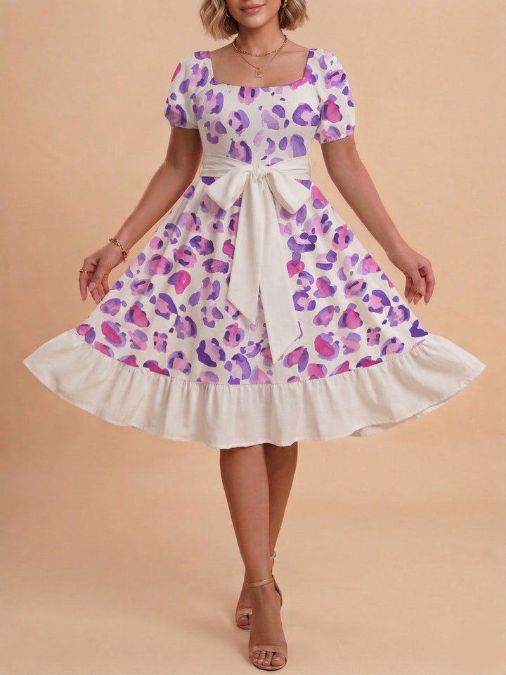 Damen Sommerliches Blumenkleid mit taillierbarem Gürtel und voluminösen Ärmeln Drune