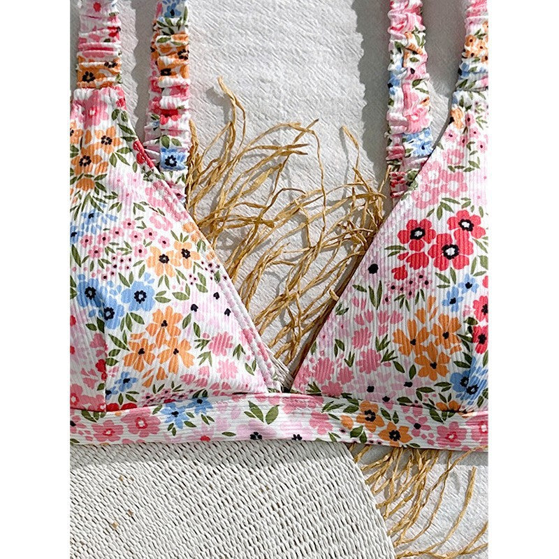 Damen Triangel-Bikini-Oberteil mit floralen Mustern und verstellbaren Trägern Drune