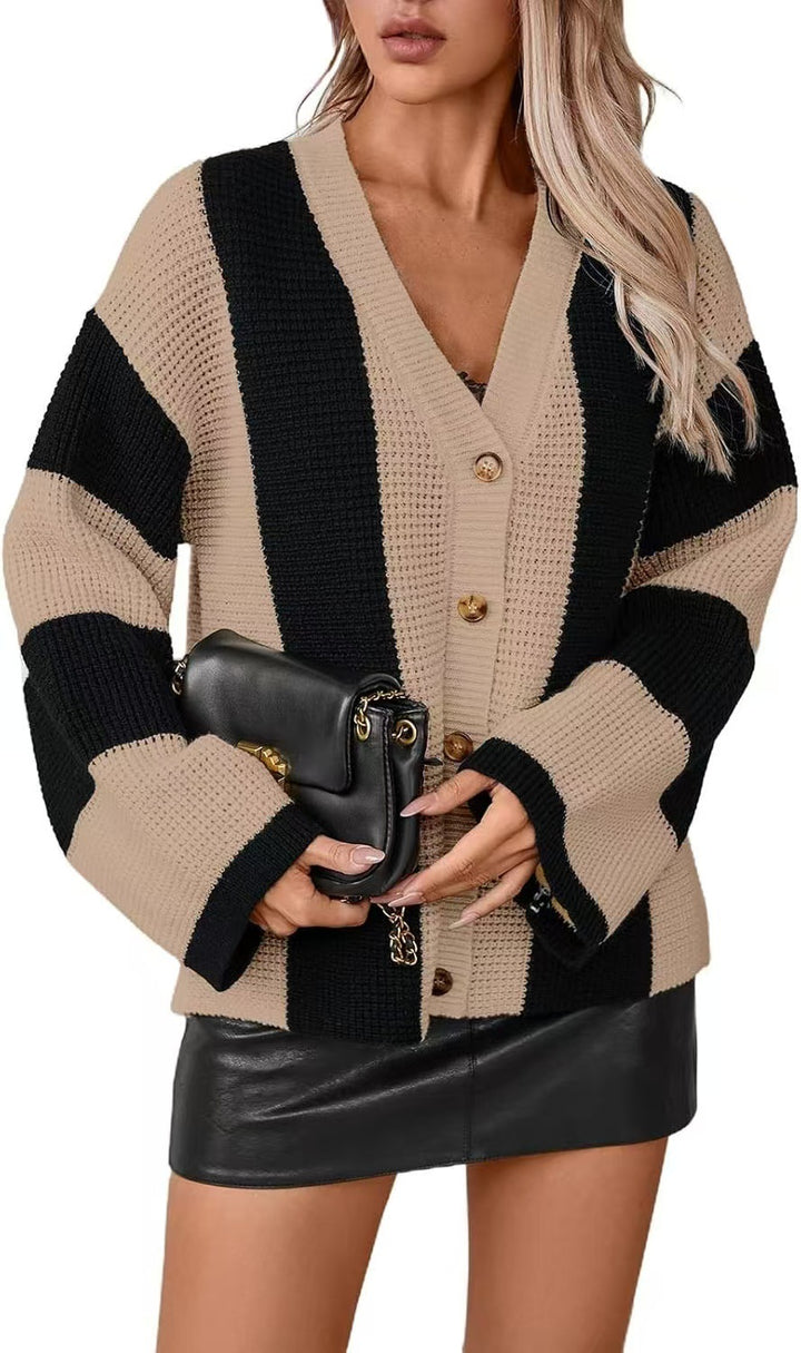 Damen stylische Strickjacke mit breiten Blockstreifen Drune