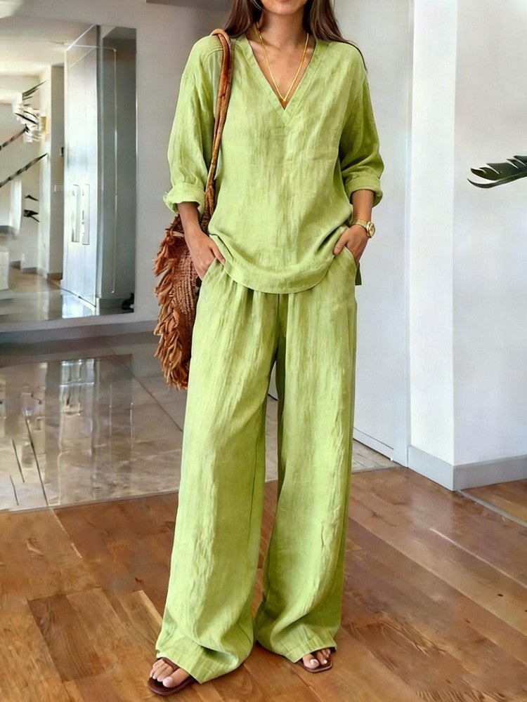 Damen Lässiges Leinenoberteil und weite Palazzo-Hosen Set Drune