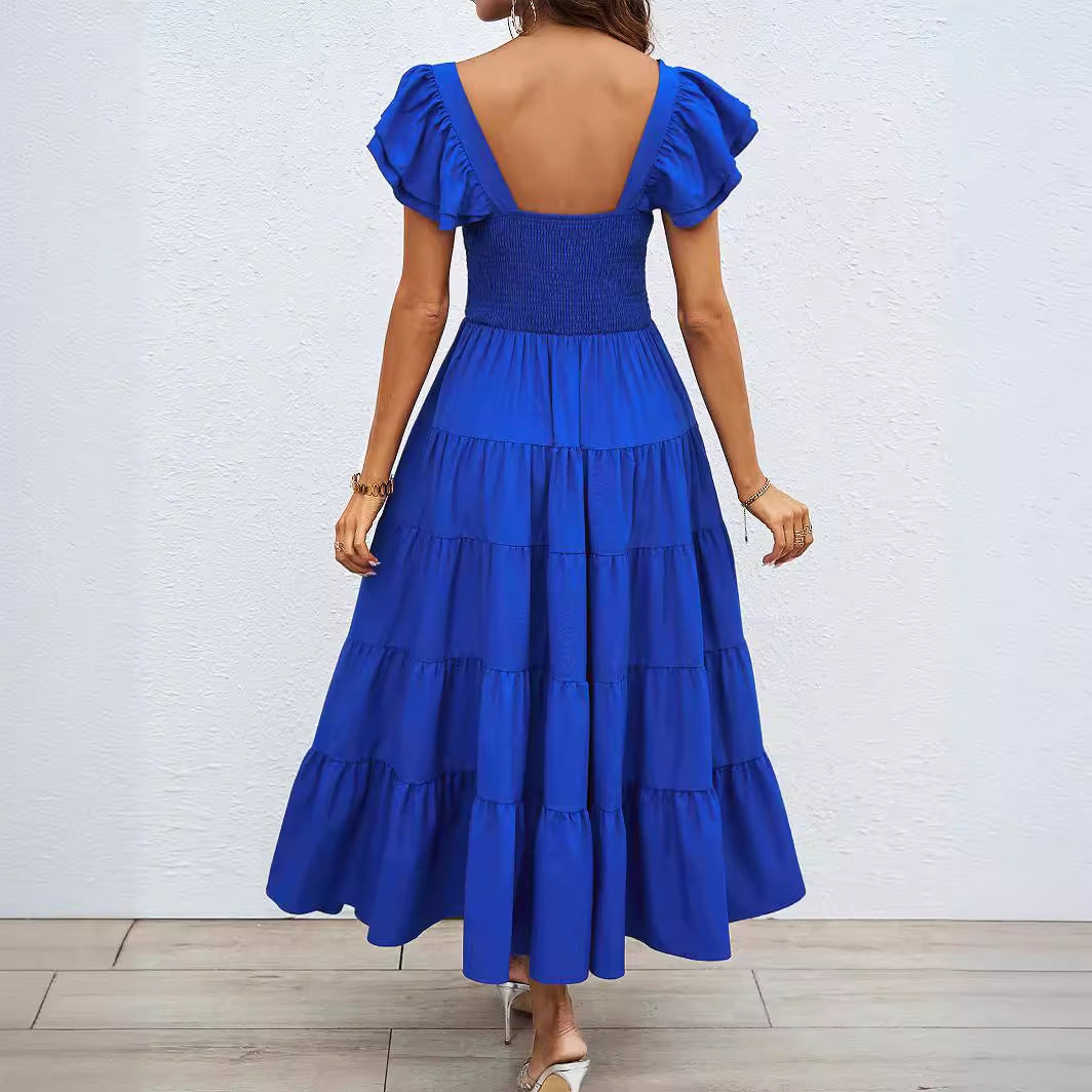Damen Maxi-Kleid mit voluminösen Puffärmeln und gerafftem Oberteil Drune