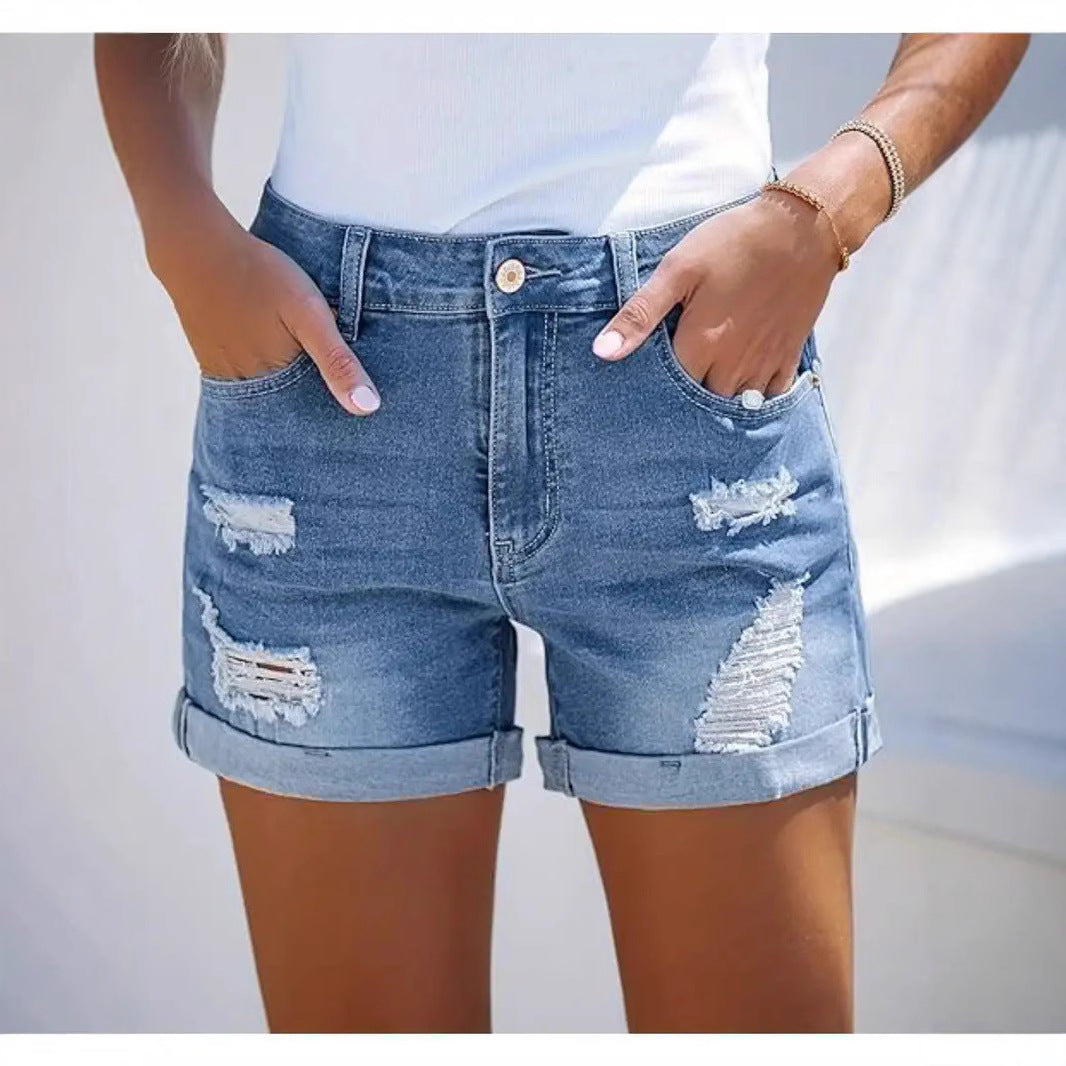 Damen kurze Destroyed Denim-Shorts im lässigen Look mit umgeschlagenen Säumen und stylischen Rissdetails Drune