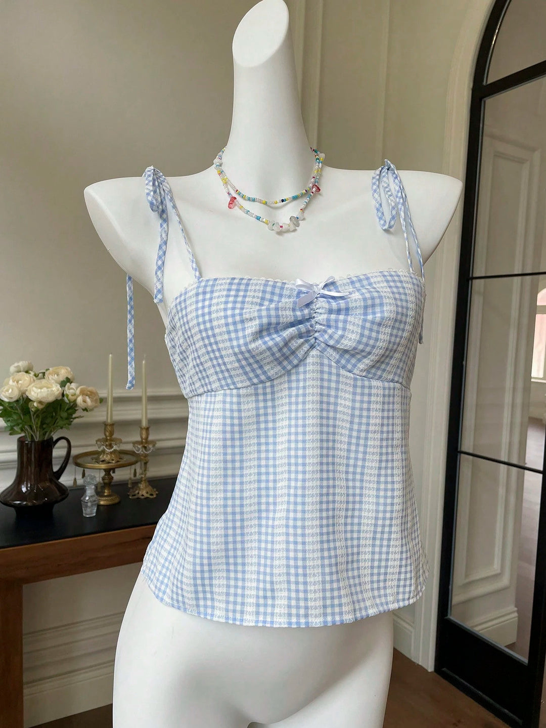 Damen Crop-Top mit verspielt gebundenen Trägern und Karomuster Drune