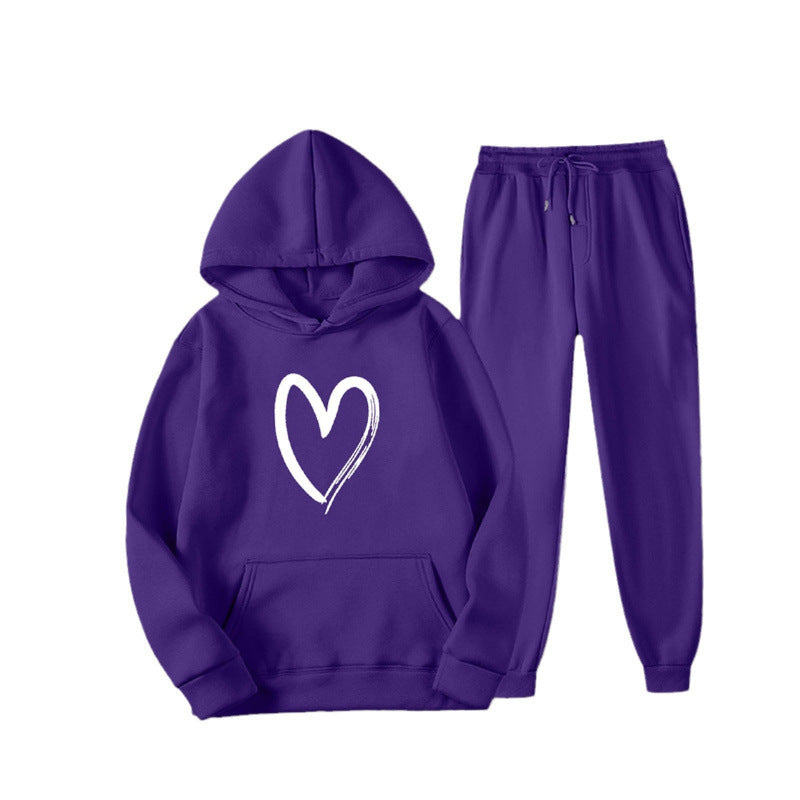 Damen Sweatsuit mit Kängurutasche und herzförmigem Print Drune