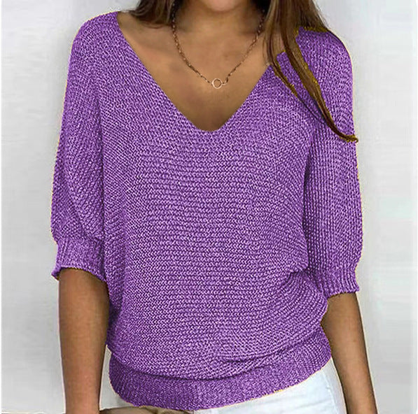 Damen nan lässiger Strickpullover mit V-Ausschnitt und Fledermausärmeln Drune