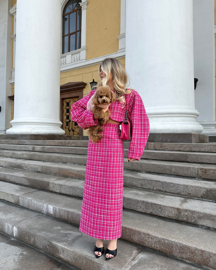Damen Maxikleid mit innovativem Karo-Design und Volantärmel Drune