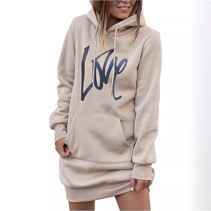 Damen Hoodie-Kleid mit Kängurutasche und auffälligem Schriftzug Drune