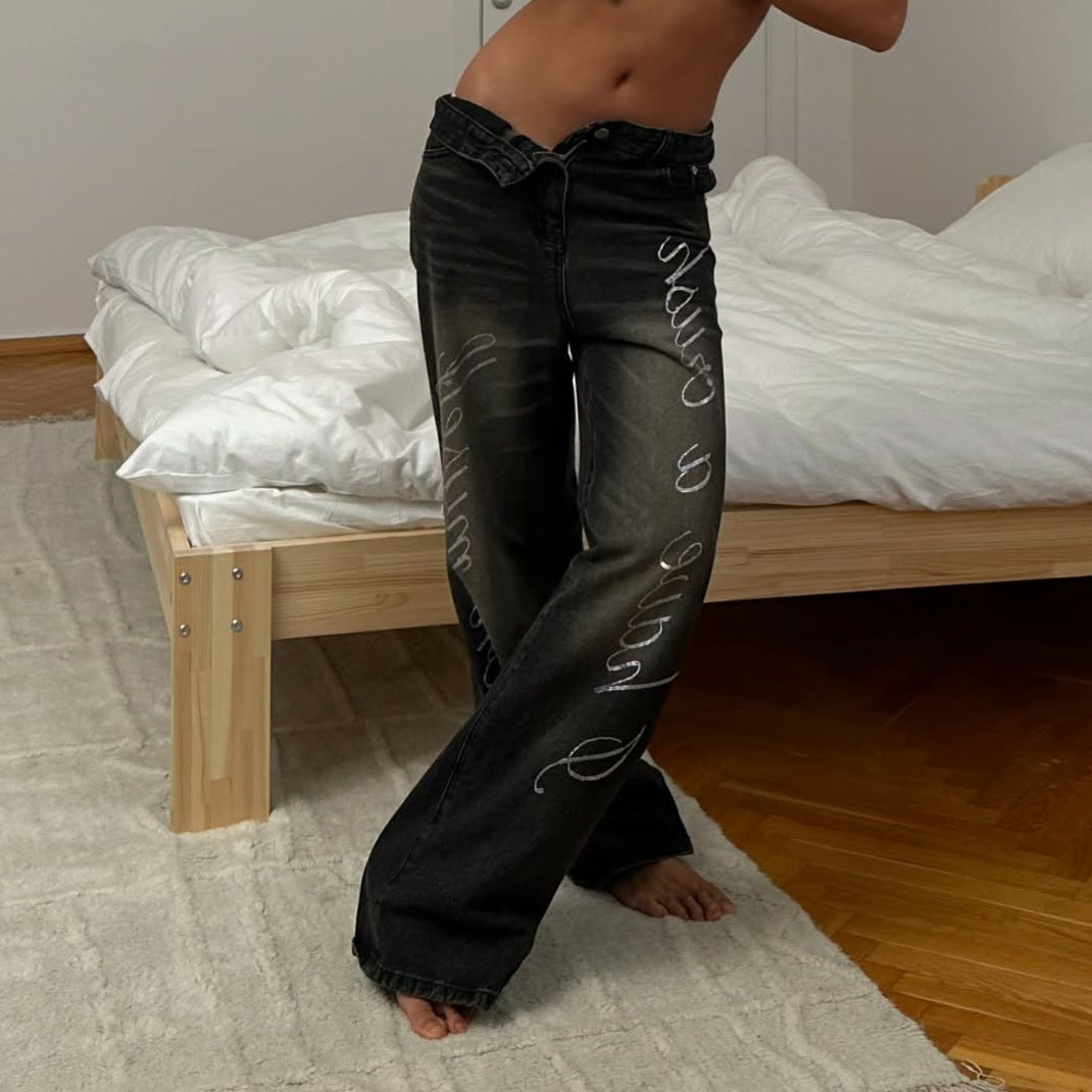Damen Baggy Jeans mit einzigartigem Schriftzug Drune