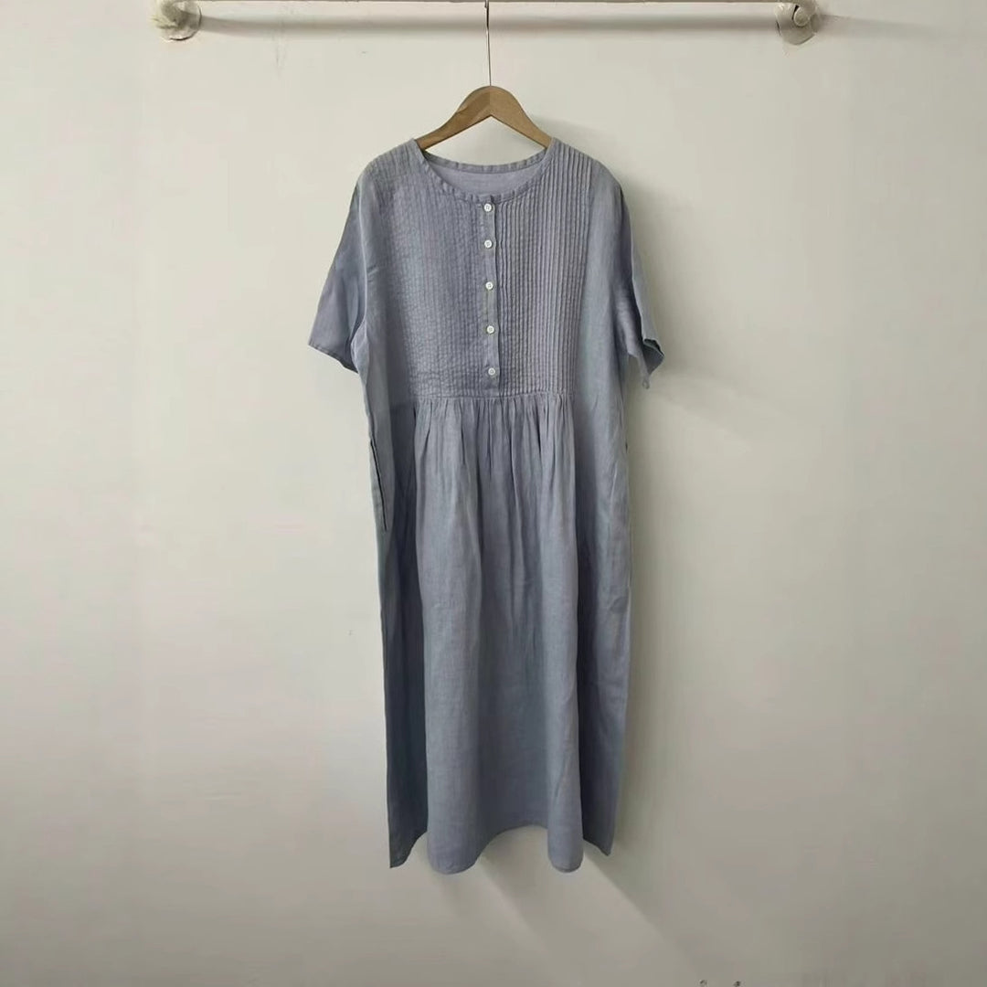Damen Casual Knopf-Baumwollkleid Drune