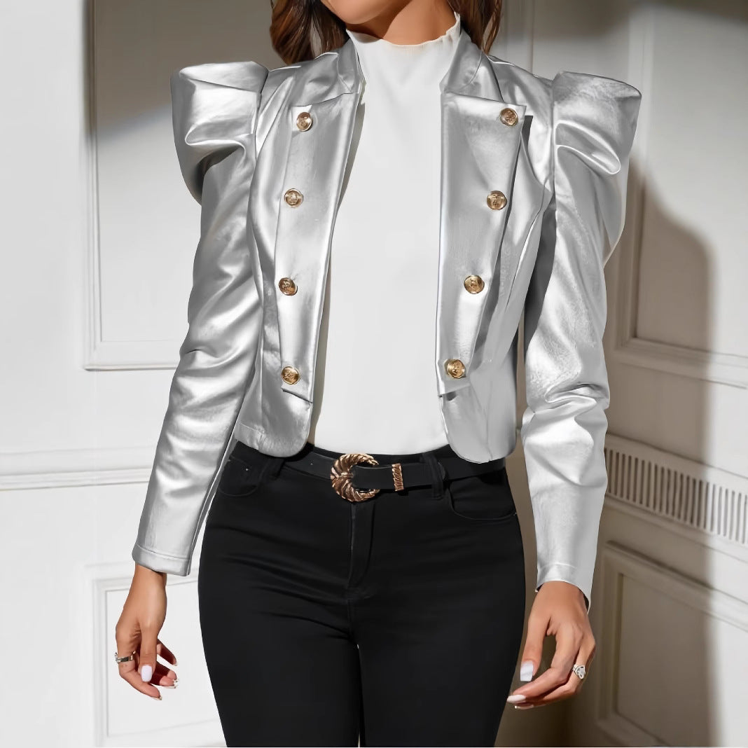 Damen Modische Kunstlederjacke mit puffärmeligen Details und goldenen Knöpfen Drune