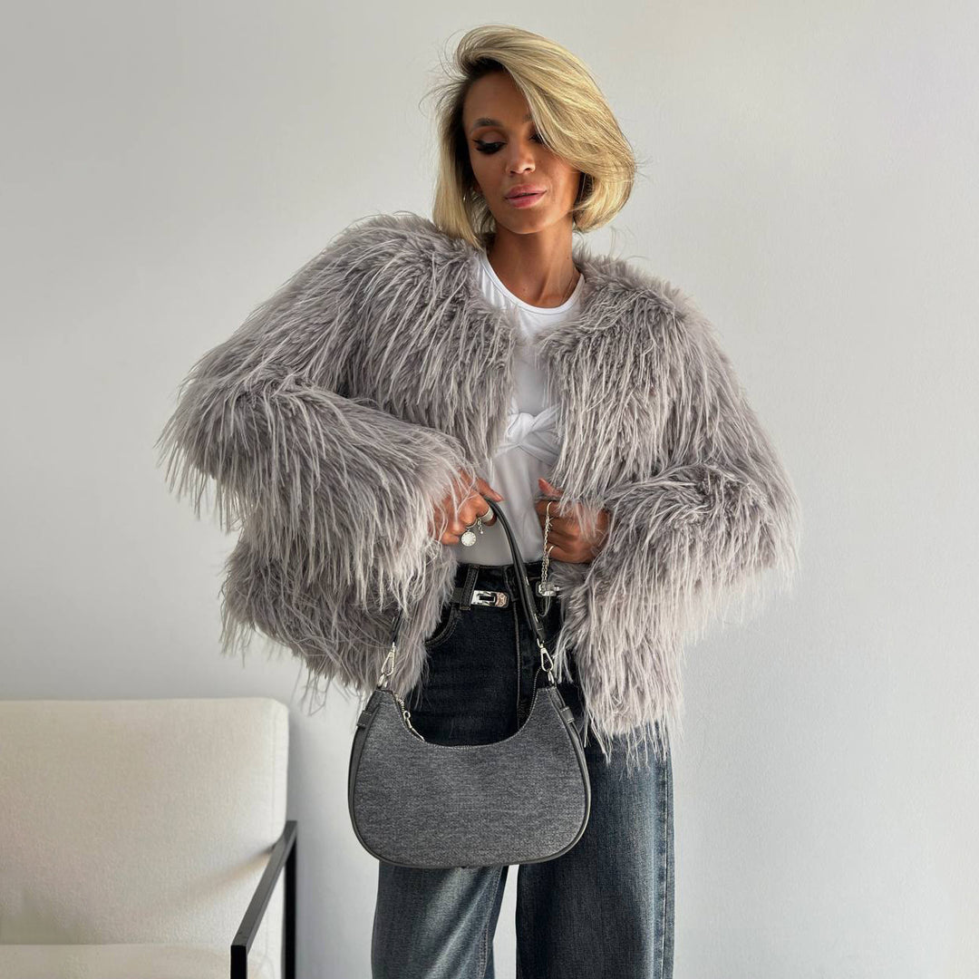 Damen Modischer Pelzimitat-Jacke mit breiten Ärmeln und lässigem Schnitt Drune