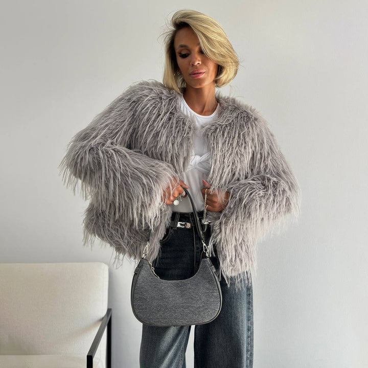 Damen Modischer Pelzimitat-Jacke mit breiten Ärmeln und lässigem Schnitt Drune
