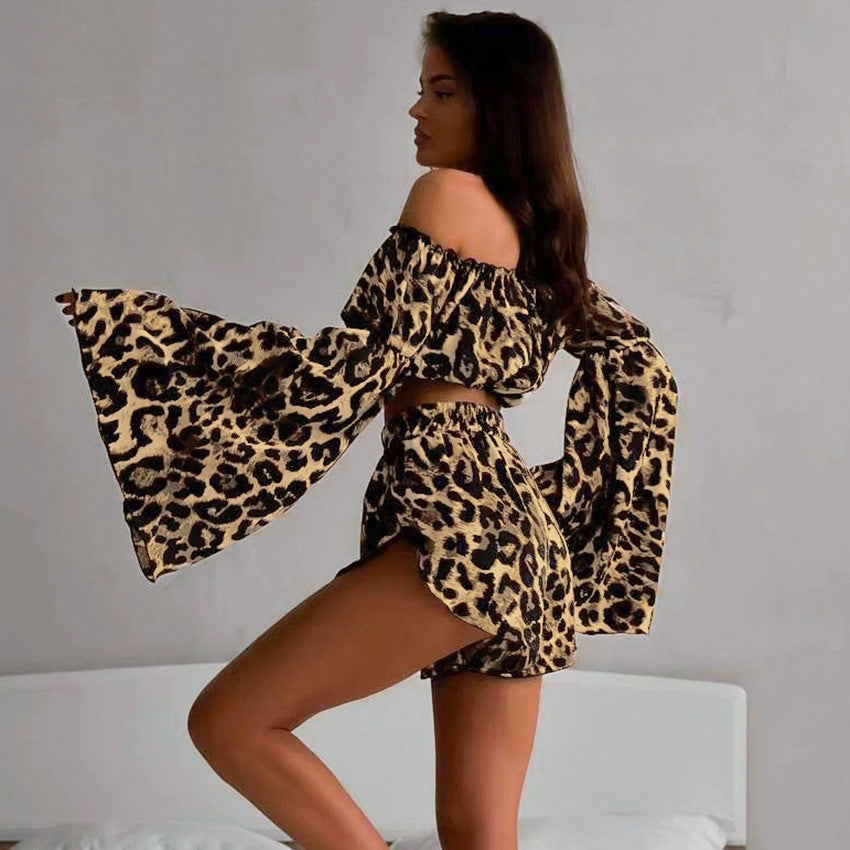 Damen Offshoulder Crop-Top mit weitem Arm und Leopardenmuster Drune