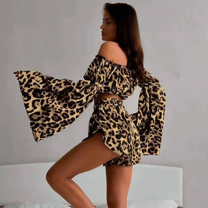 Damen Offshoulder Crop-Top mit weitem Arm und Leopardenmuster Drune