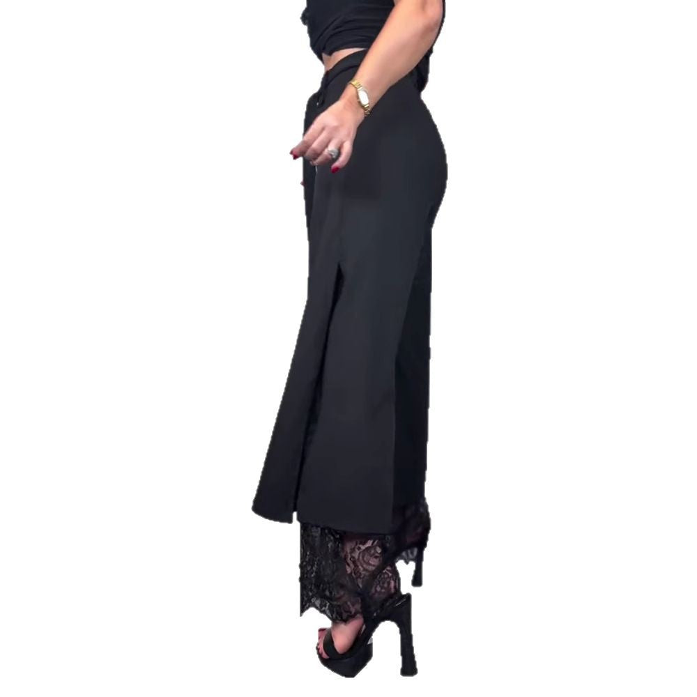 Damen elegante lange Hose mit transparenter Spitze und Schlitzen Drune