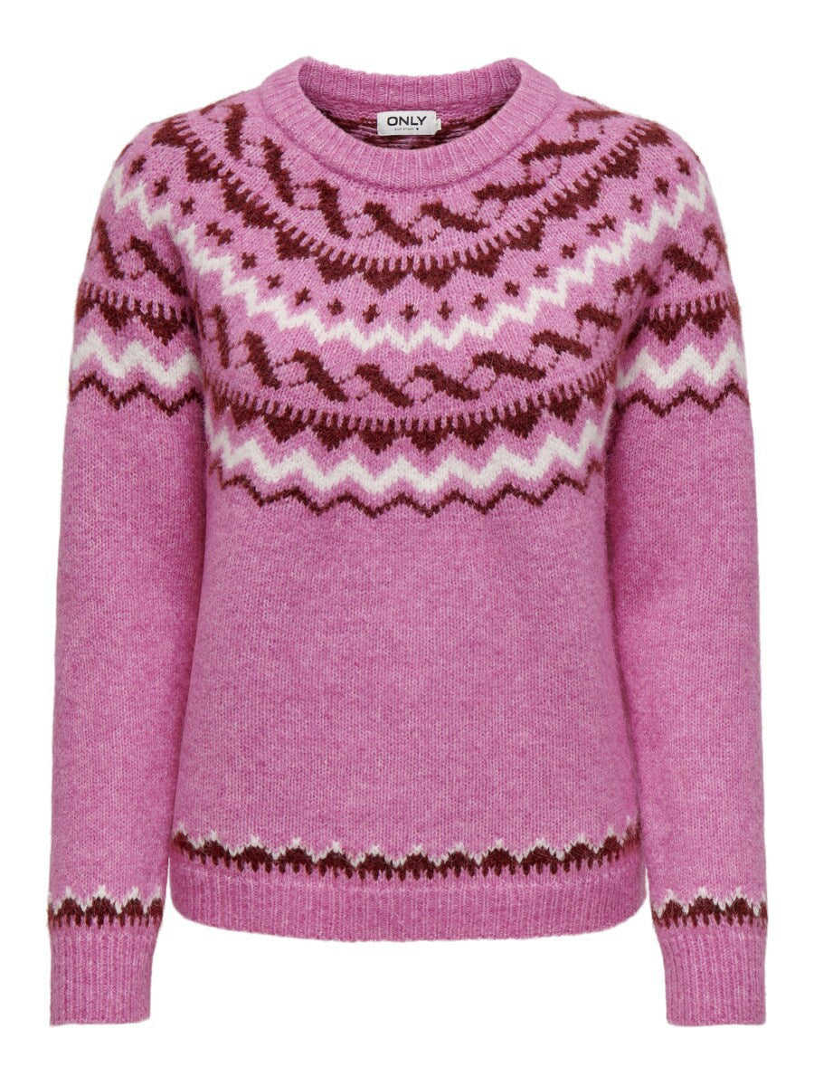 Damen nan melierter Rundhalsausschnittpullover mit kreisförmigem Jacquard-Yoke und geripptem Saum Drune