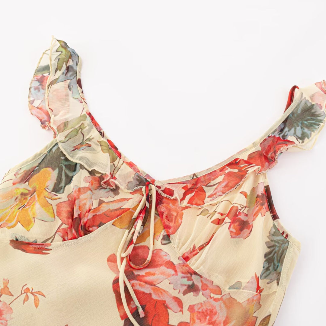 Damen Maxikleid mit zarten Rüschen und floralem Muster Drune