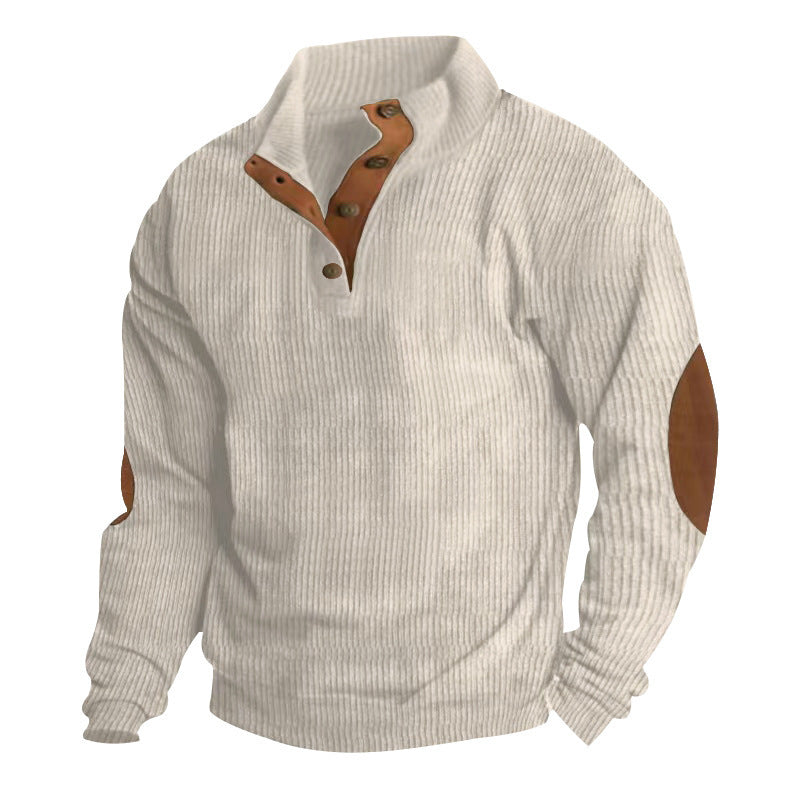 Herren nan grobgestrickter Pullover mit Stehkragen, Knopfleiste und Kunstleder-Ellbogenpatches Drune