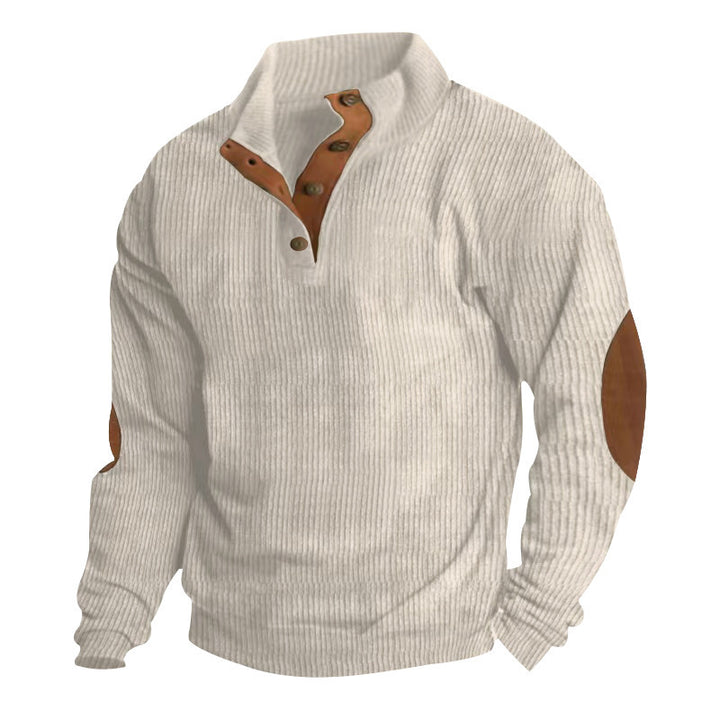 Herren nan grobgestrickter Pullover mit Stehkragen, Knopfleiste und Kunstleder-Ellbogenpatches Drune