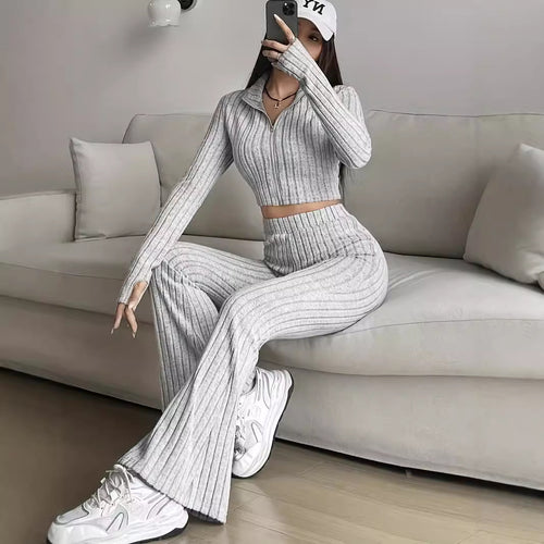 Damen modisches Strick-Loungewear-Set mit hohem Bund Drune